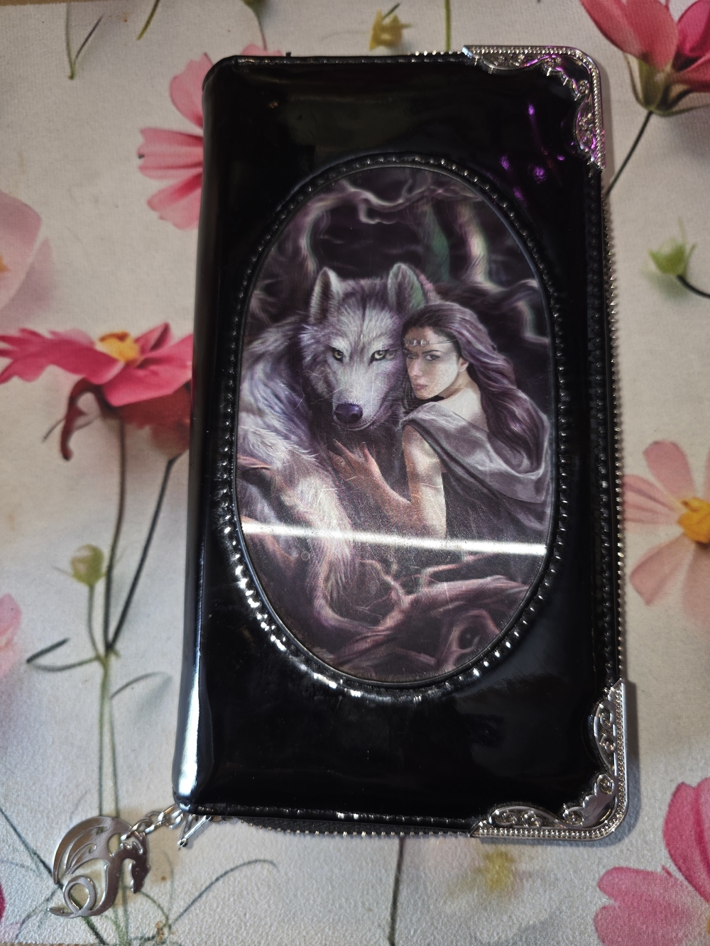Medieval Store Black Zip Wallet with Wolf & Woman Artwork